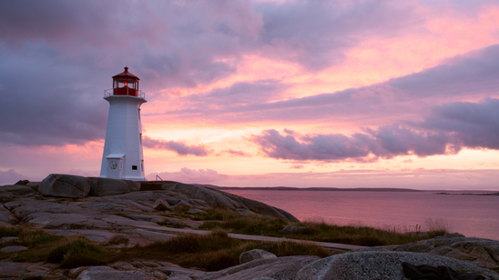 Peggys Point Lighthouse at sunset, Nova Scotia