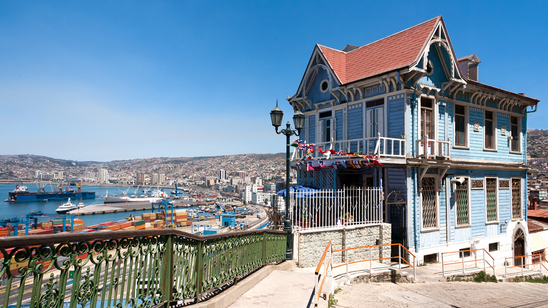 Colourful house in Valparaiso with view on the port, Chile