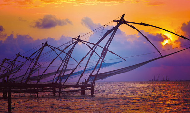 Chinese fishnets at sunset, Kochi