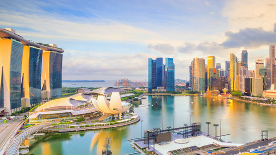 Singapore downtown skyline bay area at sunset