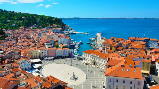 View of the town square in Piran, Slovenia