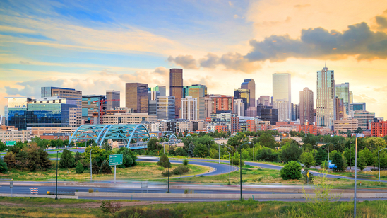 Panorama of Denver skyline long exposure at twilight.