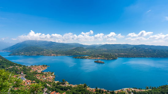 Panoramic view of Lake Orta in Piedmont with St. Julius Island in Italy