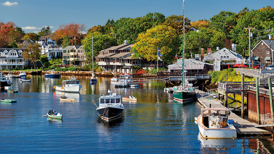 Fishing boats docked in Perkins Cove, Ogunquit, on coast of Maine south of Portland, USA