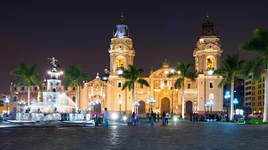 The Basilica Cathedral Lima, night-time, Peru Tour