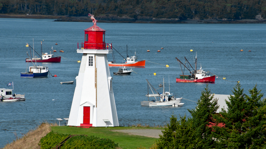 A fishing fleet plies the waters behind the Mulholland Point Lighthouse. Campobello Island, New Brunswick, Canada.