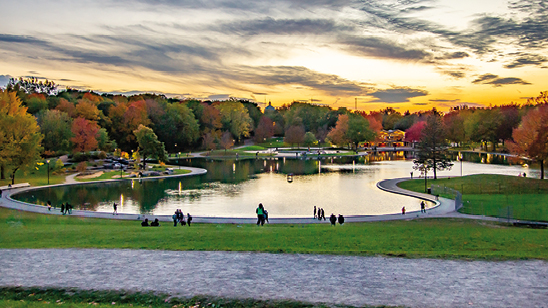 Lake in an autumn evening on top of Mount Royal, Montreal, Quebec, Canada.