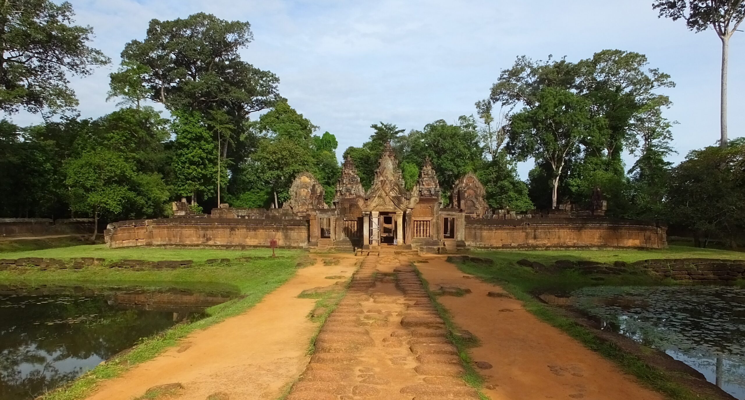 Light ray shines through Temple Banteay Srei in Angkor